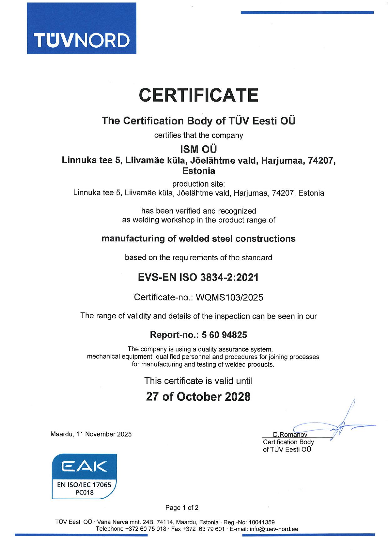 ISM OÜ ISO 3834-2:2021 sertifikaat — sulatustööde kvaliteedinõuded, TÜV Eesti