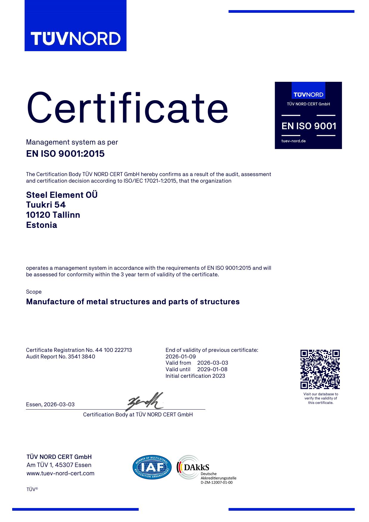 Steel Element OÜ ISO 9001:2015 sertifikaat — kvaliteedijuhtimissüsteem, TÜV NORD