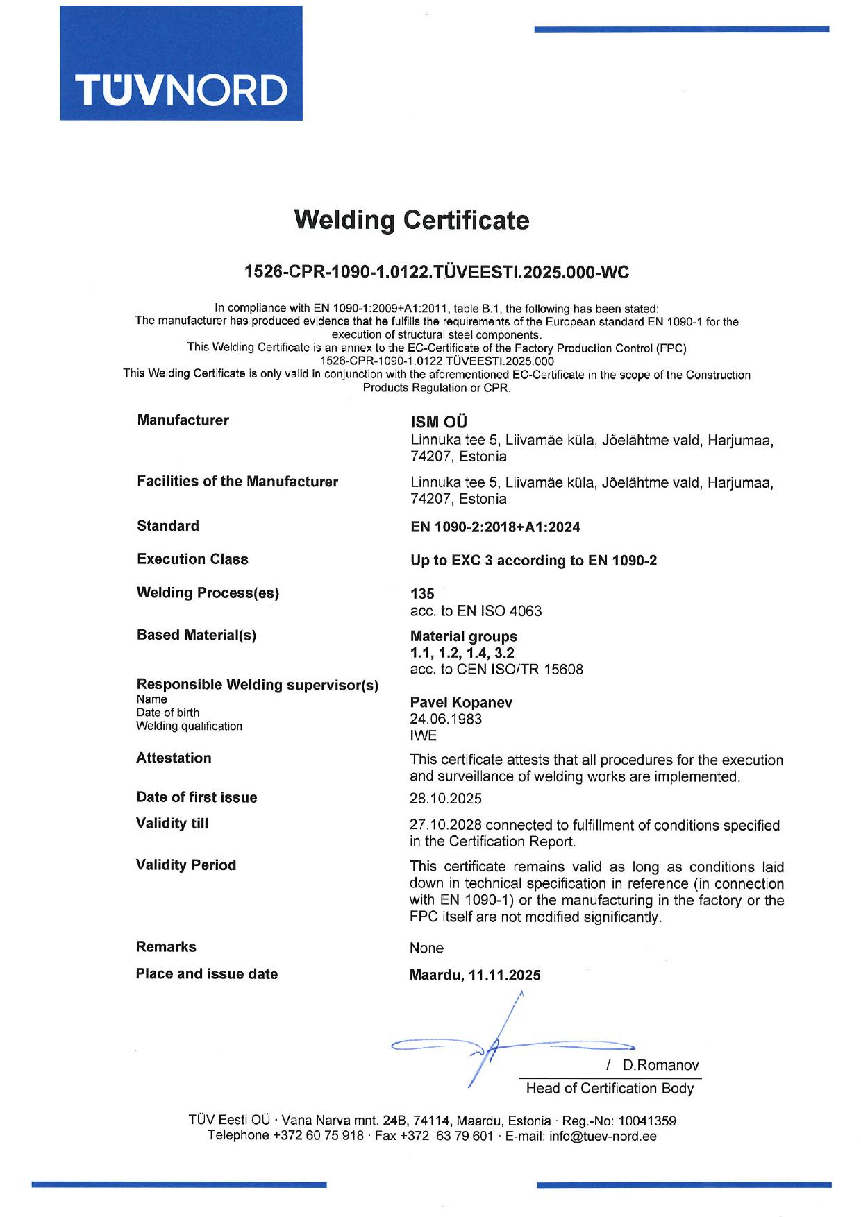 ISM OÜ Welding Certificate — keevitustööde tunnistus EN 1090-2 EXC 3